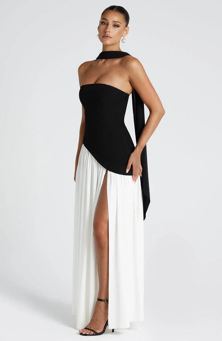 Maxi Dress for Women Fall Strapless Corset Formal Dress with High Slit and Draped Detail