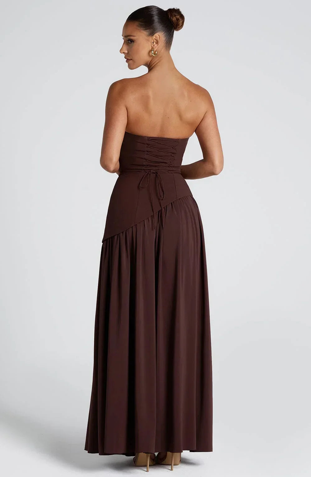 Maxi Dress for Women Fall Strapless Corset Formal Dress with High Slit and Draped Detail