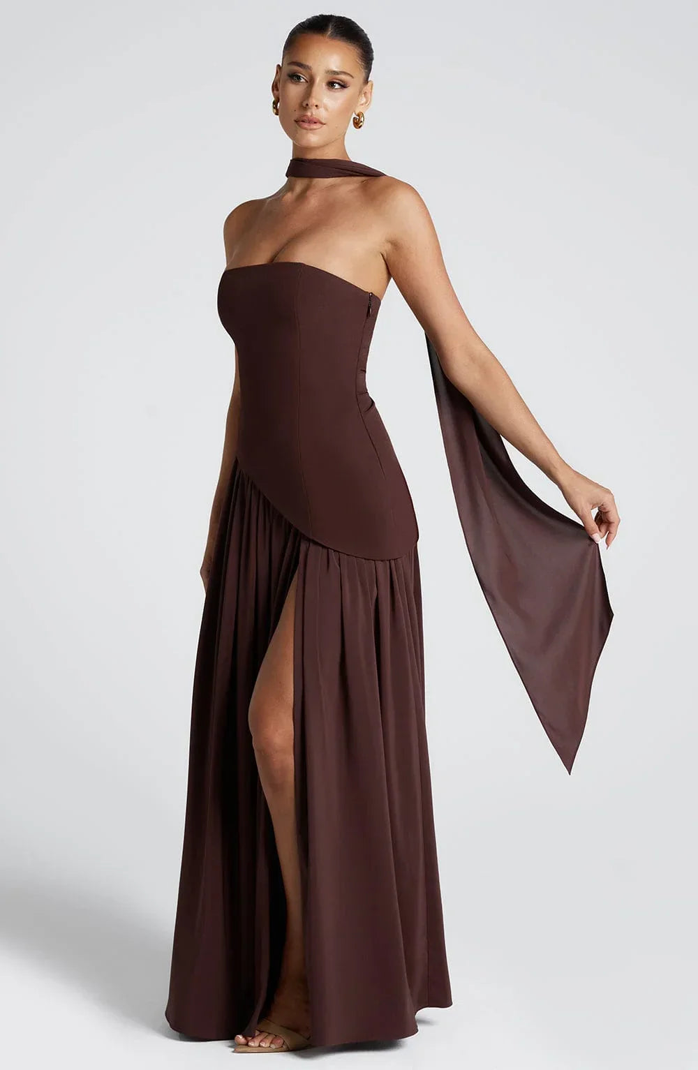 Maxi Dress for Women Fall Strapless Corset Formal Dress with High Slit and Draped Detail
