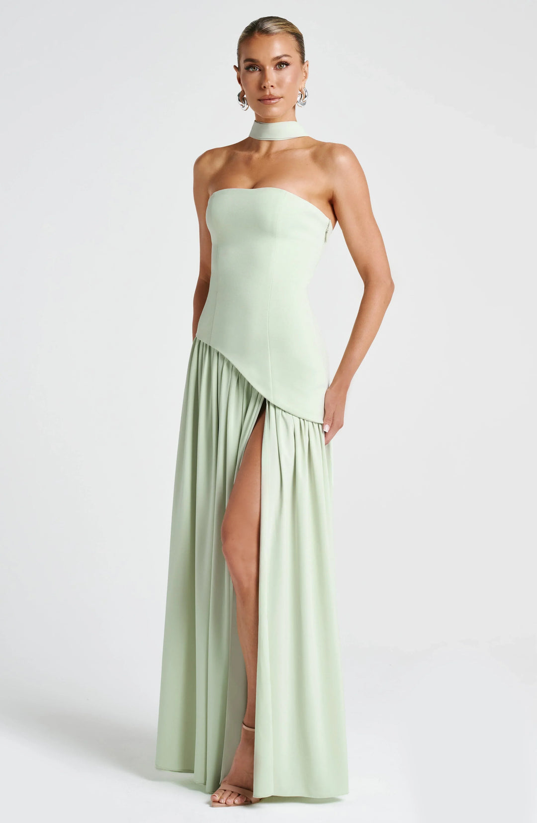 Maxi Dress for Women Fall Strapless Corset Formal Dress with High Slit and Draped Detail