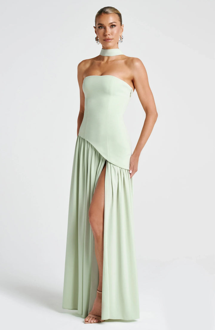 Maxi Dress for Women Fall Strapless Corset Formal Dress with High Slit and Draped Detail