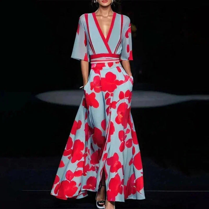 Women's Floral Maxi Dress with V-Neck and Belt for Autumn Special Occasions