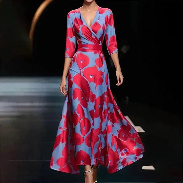 Women's Floral Maxi Dress with V-Neck and Belt for Autumn Special Occasions