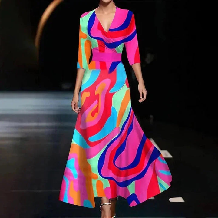 Women's Floral Maxi Dress with V-Neck and Belt for Autumn Special Occasions