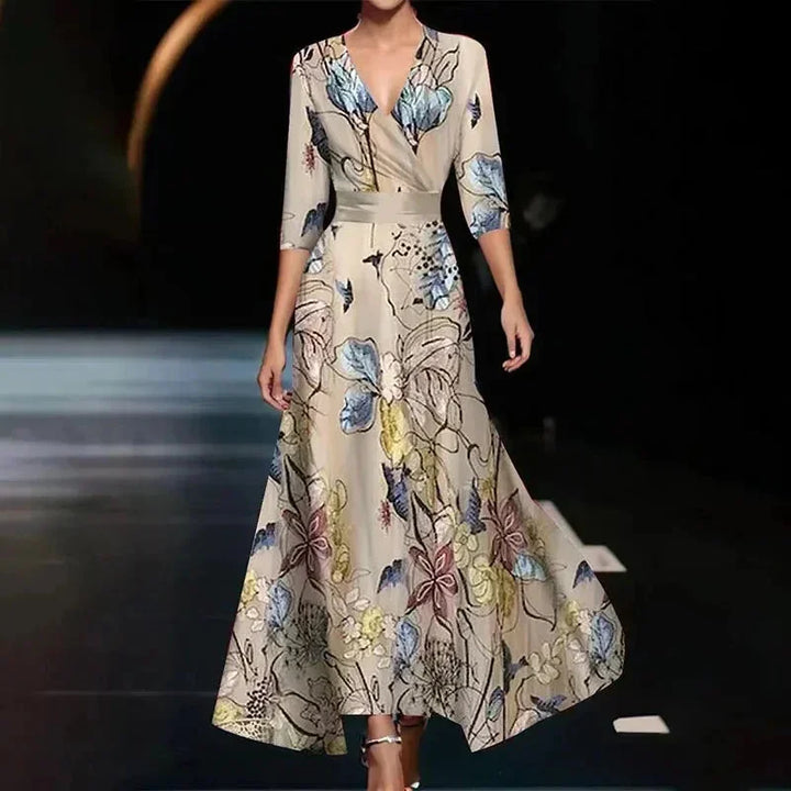 Women's Floral Maxi Dress with V-Neck and Belt for Autumn Special Occasions