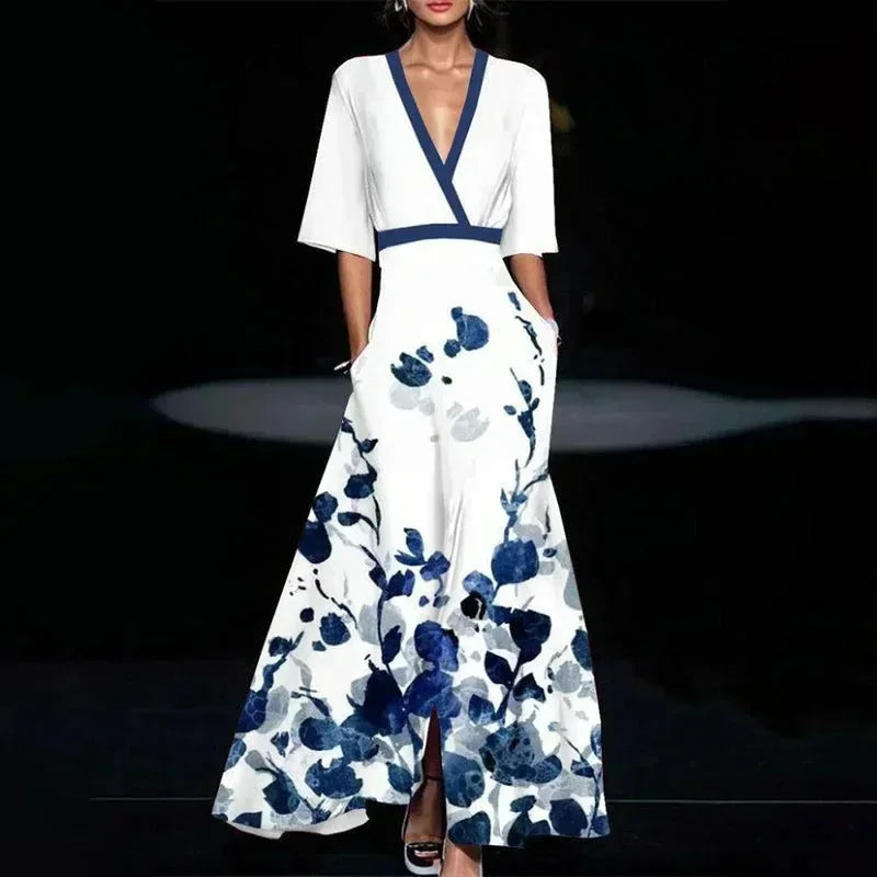 Women's Floral Maxi Dress with V-Neck and Belt for Autumn Special Occasions