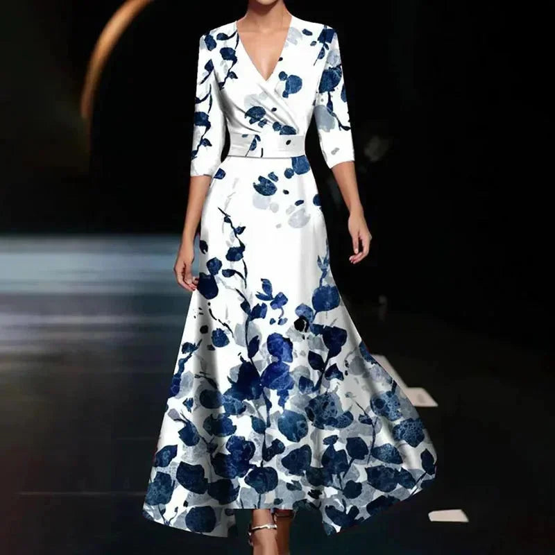 Women's Floral Maxi Dress with V-Neck and Belt for Autumn Special Occasions