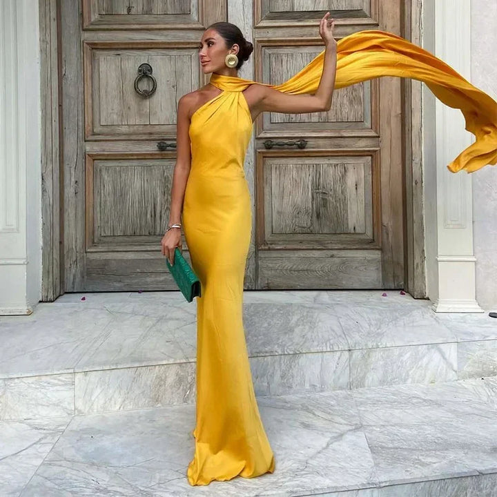 Maxi Dress for Women Fall One-Shoulder Evening Dress with Draped Asymmetrical Design