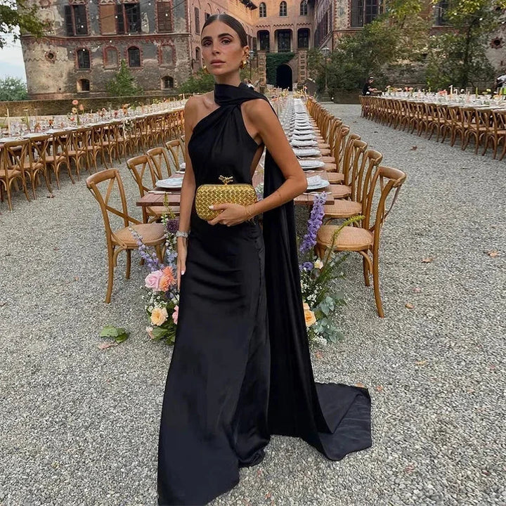 Maxi Dress for Women Fall One-Shoulder Evening Dress with Draped Asymmetrical Design
