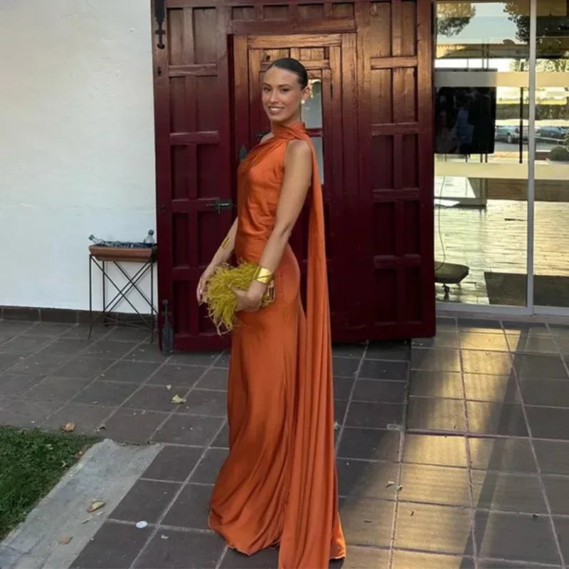 Maxi Dress for Women Fall One-Shoulder Evening Dress with Draped Asymmetrical Design
