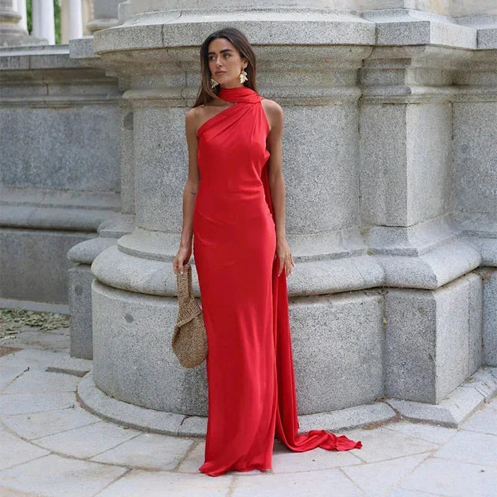 Maxi Dress for Women Fall One-Shoulder Evening Dress with Draped Asymmetrical Design