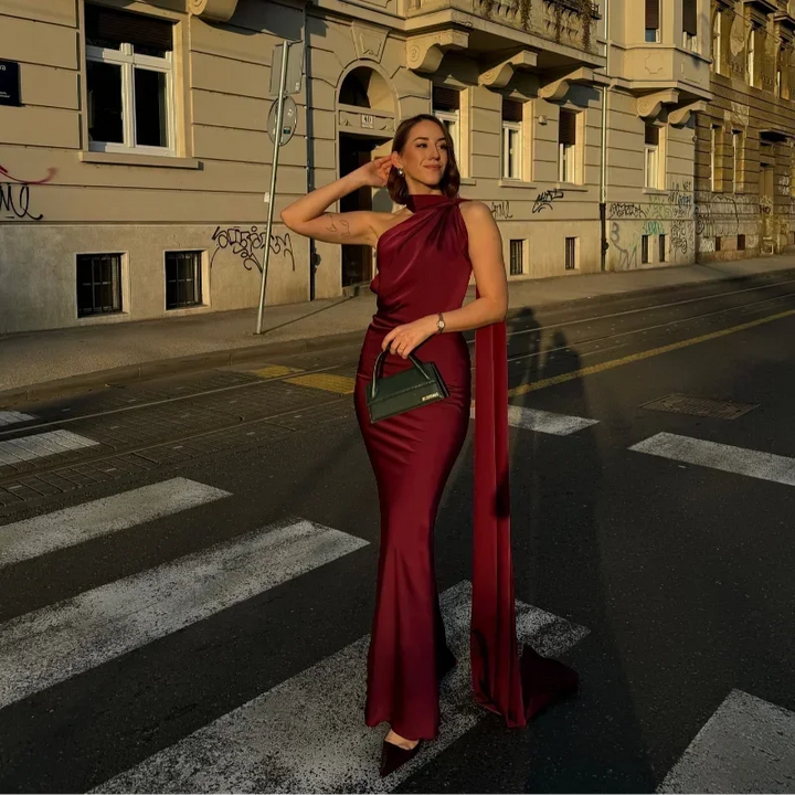 Maxi Dress for Women Fall One-Shoulder Evening Dress with Draped Asymmetrical Design