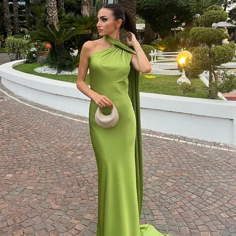 Maxi Dress for Women Fall One-Shoulder Evening Dress with Draped Asymmetrical Design