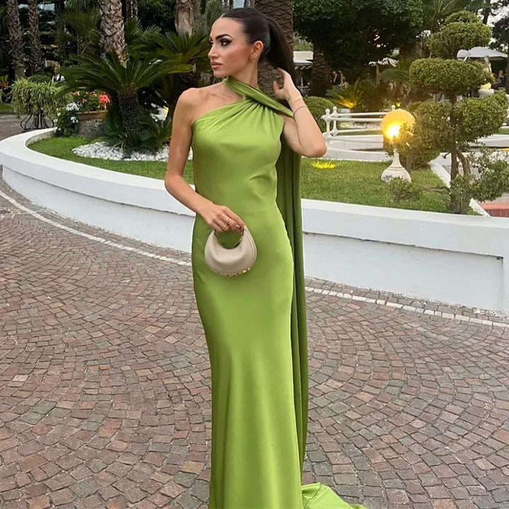 Maxi Dress for Women Fall One-Shoulder Evening Dress with Draped Asymmetrical Design