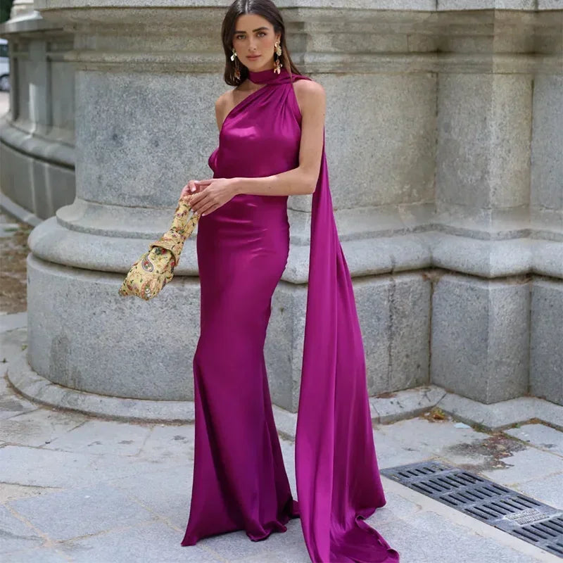 Maxi Dress for Women Fall One-Shoulder Evening Dress with Draped Asymmetrical Design
