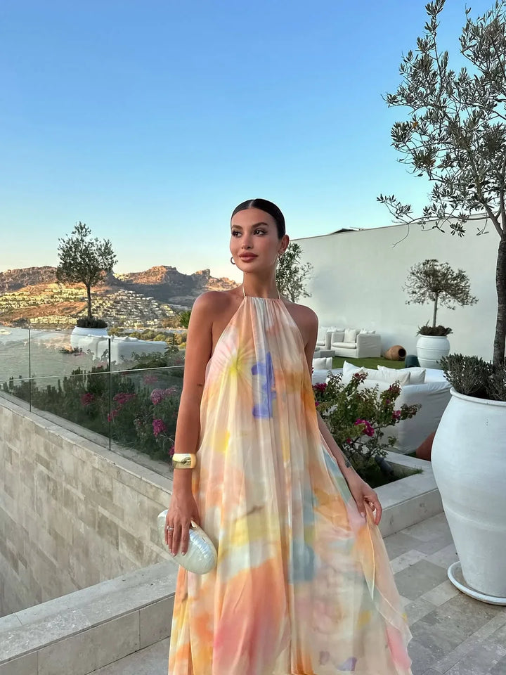Women Fall Backless Printed Evening Dress with Flowy Silhouette