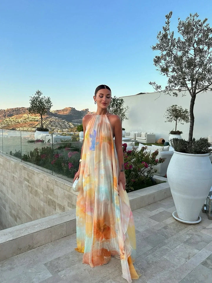 Women Fall Backless Printed Evening Dress with Flowy Silhouette