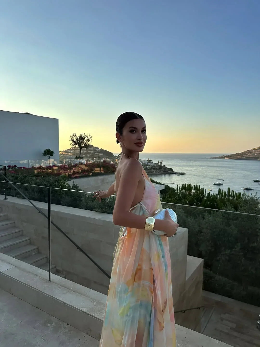 Women Fall Backless Printed Evening Dress with Flowy Silhouette