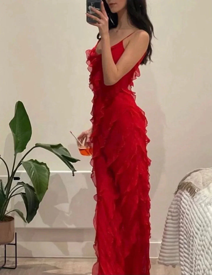 Women's Ruffle Maxi Dress with Adjustable Straps for Fall Evening Occasions