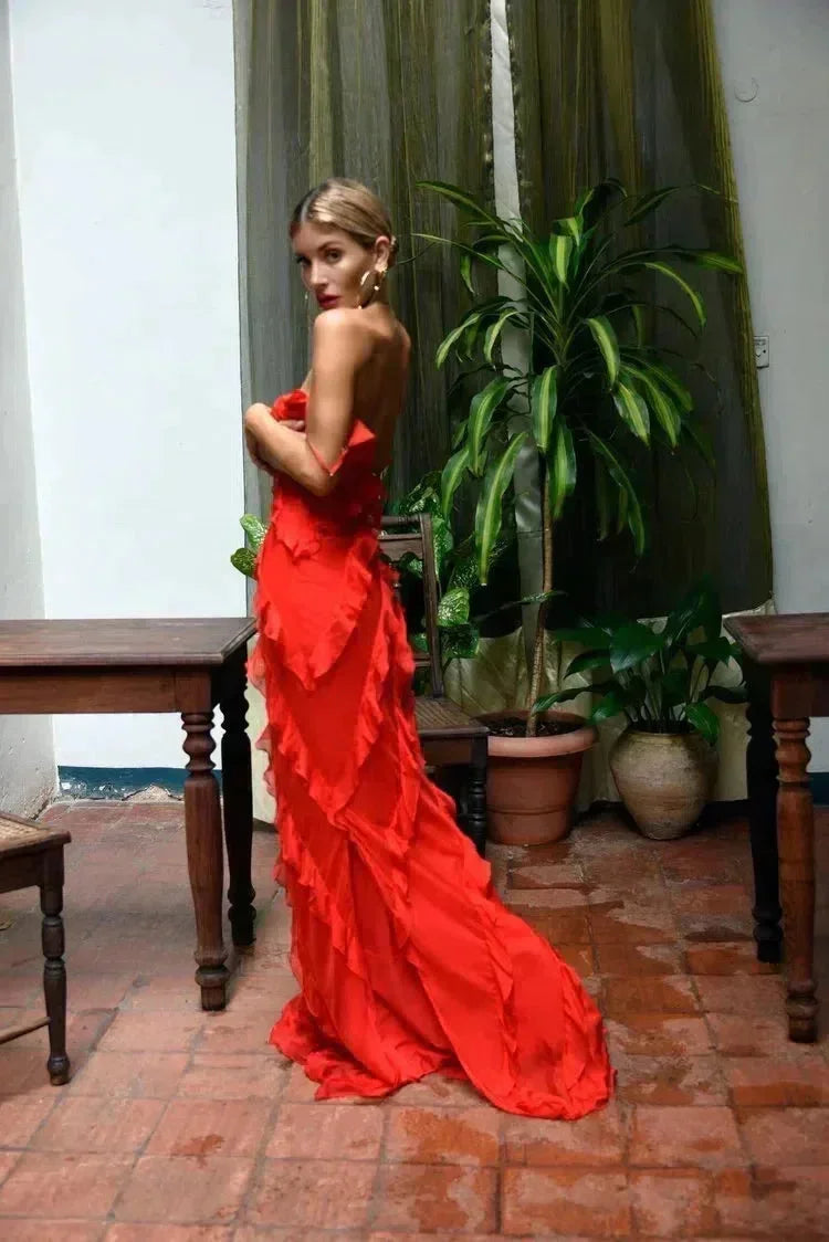Women's Ruffle Maxi Dress with Adjustable Straps for Fall Evening Occasions