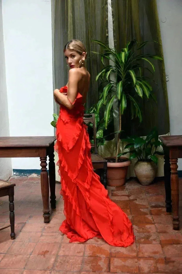 Women's Ruffle Maxi Dress with Adjustable Straps for Fall Evening Occasions