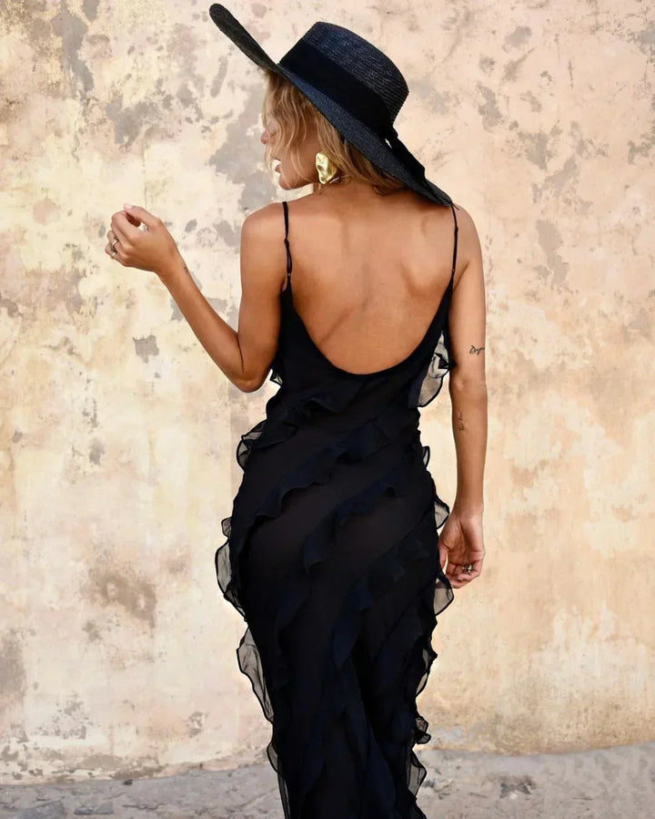 Women's Ruffle Maxi Dress with Adjustable Straps for Fall Evening Occasions