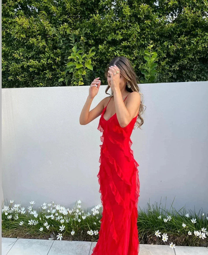 Women's Ruffle Maxi Dress with Adjustable Straps for Fall Evening Occasions