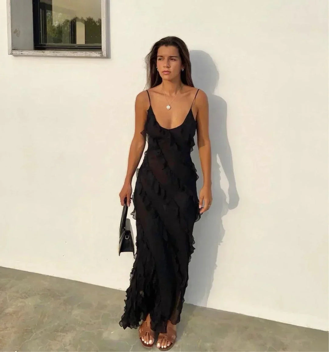 Women's Ruffle Maxi Dress with Adjustable Straps for Fall Evening Occasions