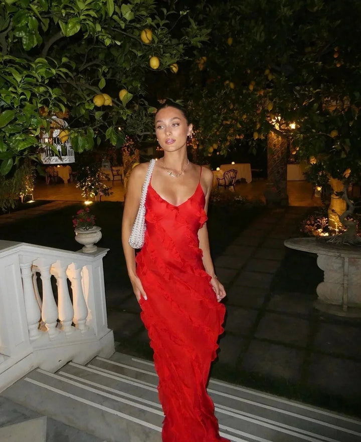 Women's Ruffle Maxi Dress with Adjustable Straps for Fall Evening Occasions