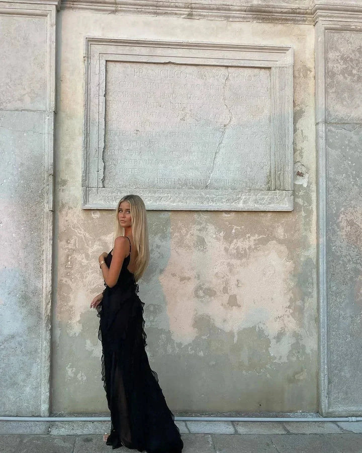 Women's Ruffle Maxi Dress with Adjustable Straps for Fall Evening Occasions