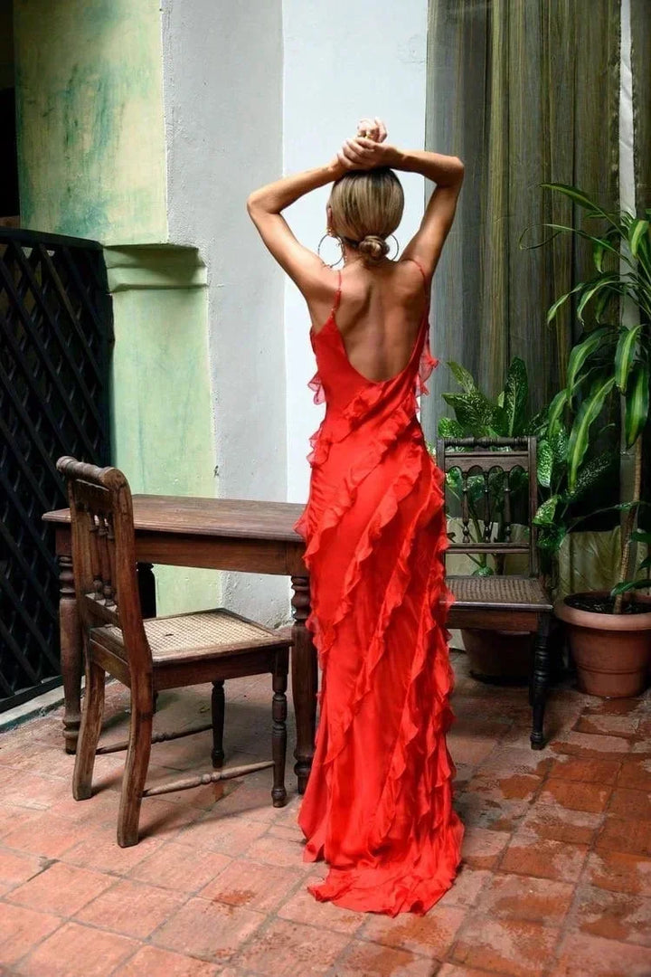 Women's Ruffle Maxi Dress with Adjustable Straps for Fall Evening Occasions