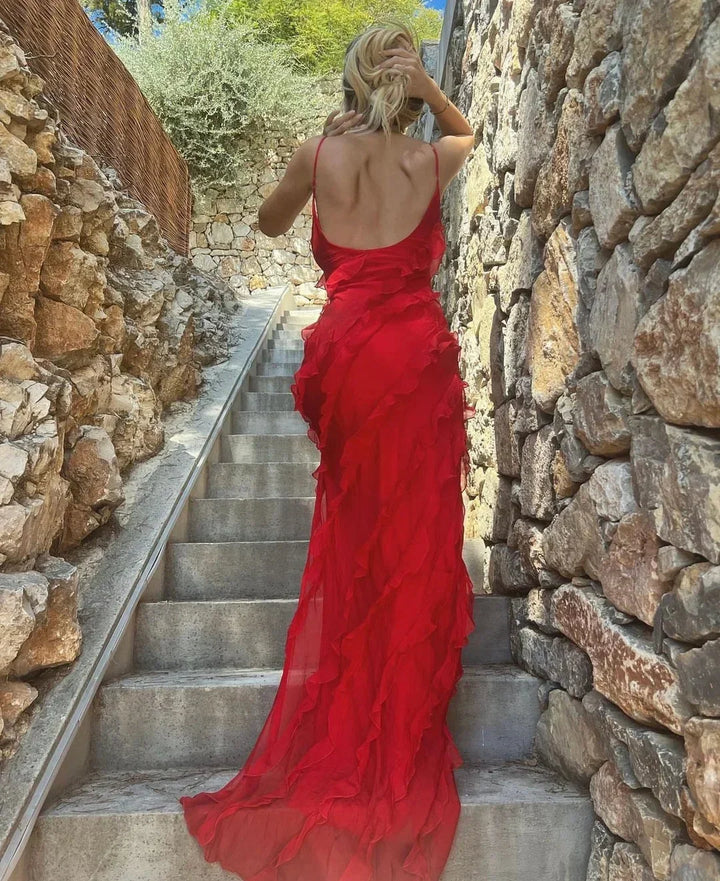 Women's Ruffle Maxi Dress with Adjustable Straps for Fall Evening Occasions