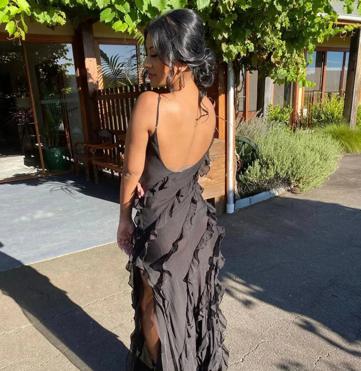 Women's Ruffle Maxi Dress with Adjustable Straps for Fall Evening Occasions