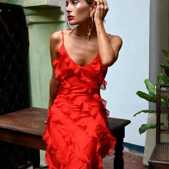 Women's Ruffle Maxi Dress with Adjustable Straps for Fall Evening Occasions