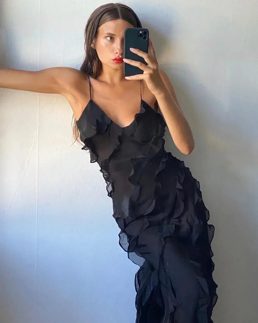 Women's Ruffle Maxi Dress with Adjustable Straps for Fall Evening Occasions