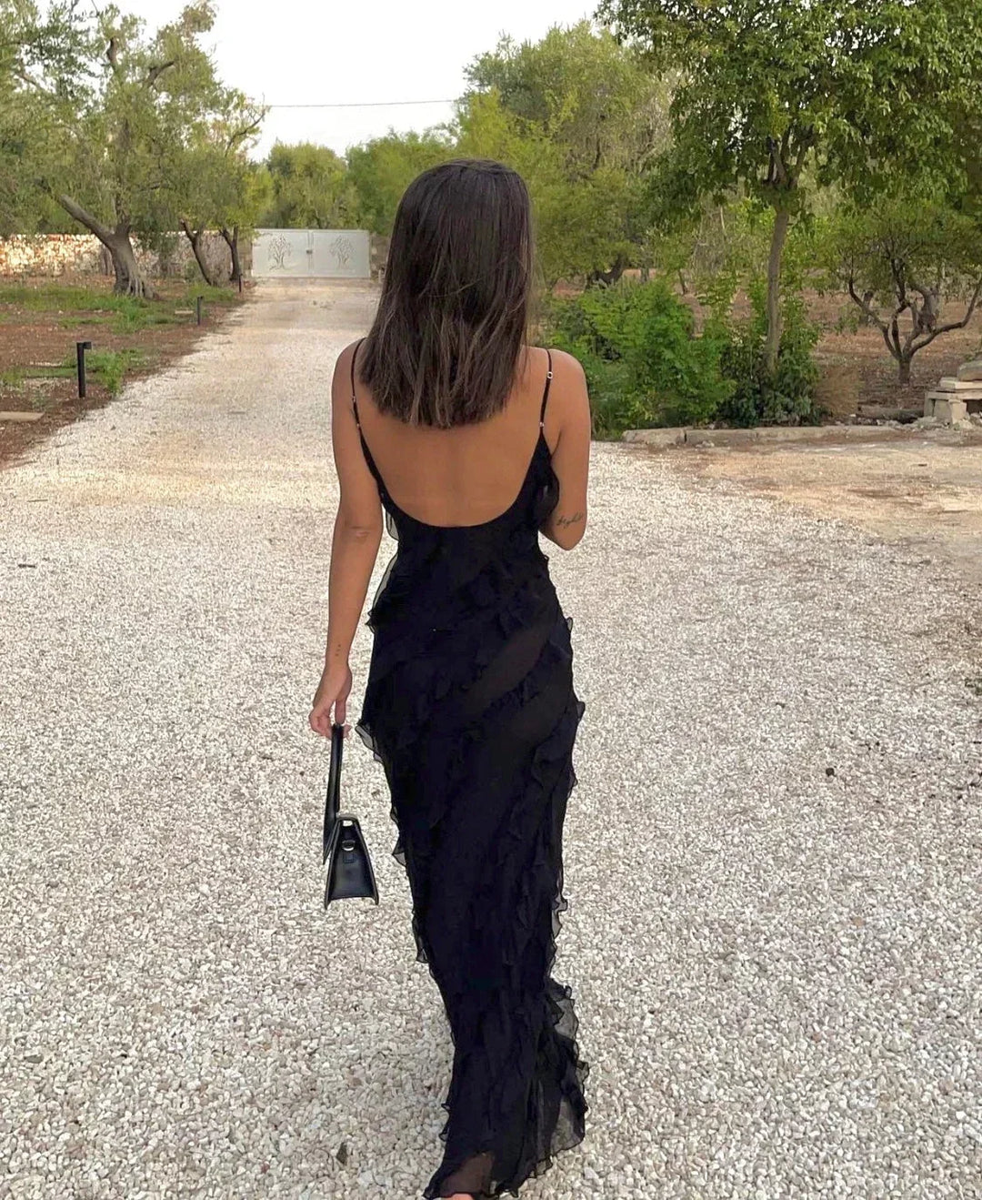 Women's Ruffle Maxi Dress with Adjustable Straps for Fall Evening Occasions