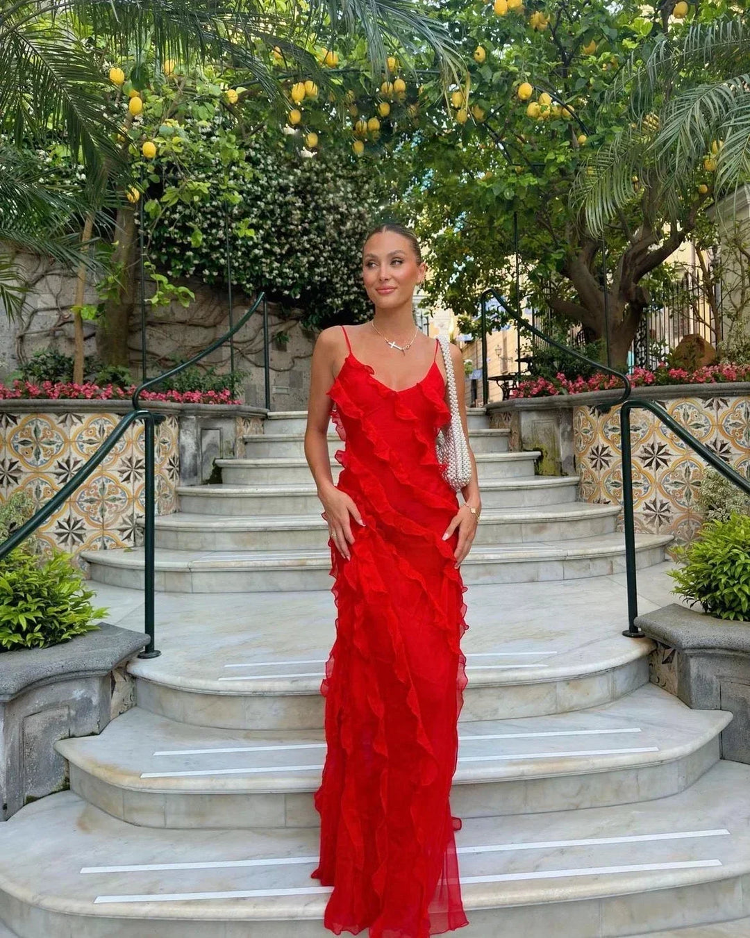 Women's Ruffle Maxi Dress with Adjustable Straps for Fall Evening Occasions