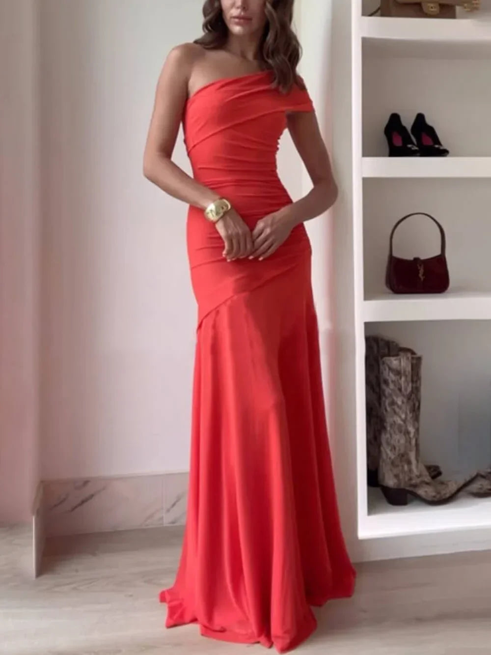 Maxi Dress for Women Fall Asymmetrical Ruched Evening Dress with Flattering Fit