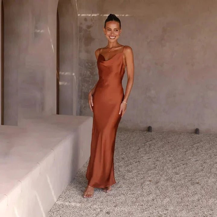Satin Maxi Dress for Women Fall Cowl Neck Sleeveless Evening Dress in Satin Fabric