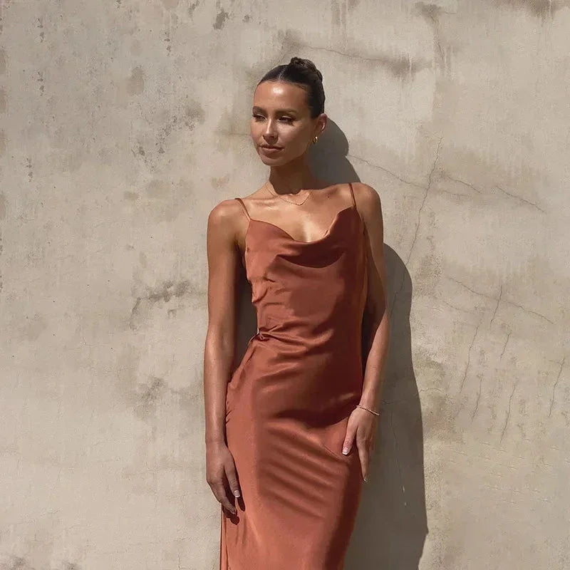 Satin Maxi Dress for Women Fall Cowl Neck Sleeveless Evening Dress in Satin Fabric