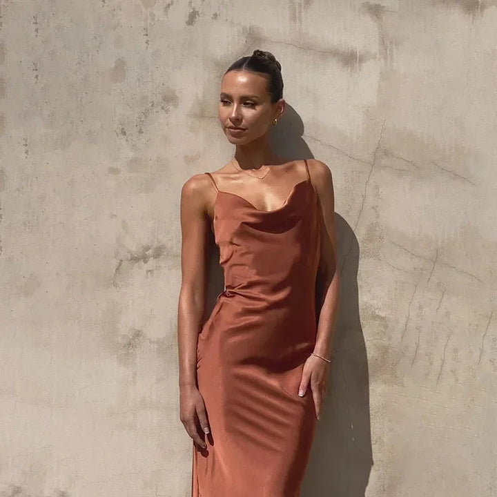 Satin Maxi Dress for Women Fall Cowl Neck Sleeveless Evening Dress in Satin Fabric