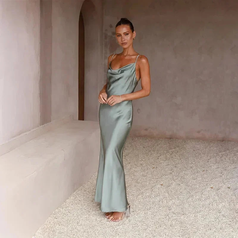 Satin Maxi Dress for Women Fall Cowl Neck Sleeveless Evening Dress in Satin Fabric