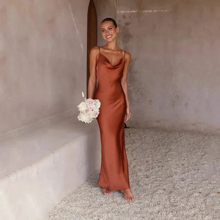 Satin Maxi Dress for Women Fall Cowl Neck Sleeveless Evening Dress in Satin Fabric