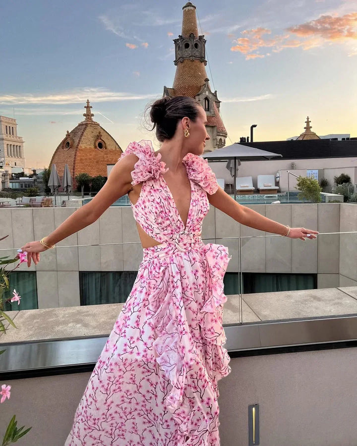 **Floral Maxi Dress for Women Fall Wedding Guest Dress with Cut-Out Detail**