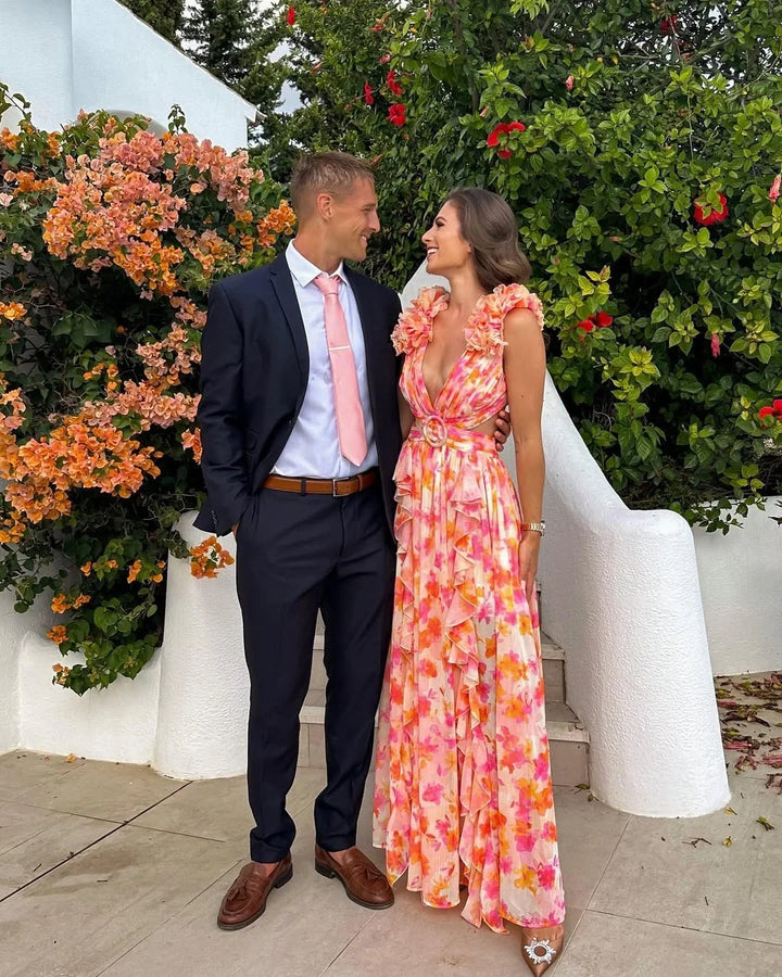 **Floral Maxi Dress for Women Fall Wedding Guest Dress with Cut-Out Detail**