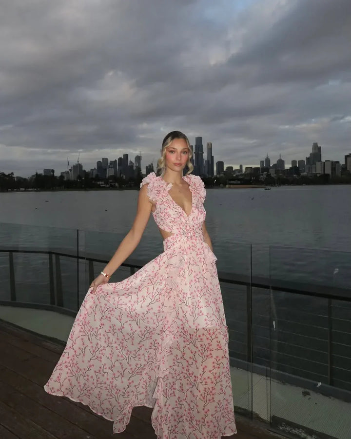 **Floral Maxi Dress for Women Fall Wedding Guest Dress with Cut-Out Detail**