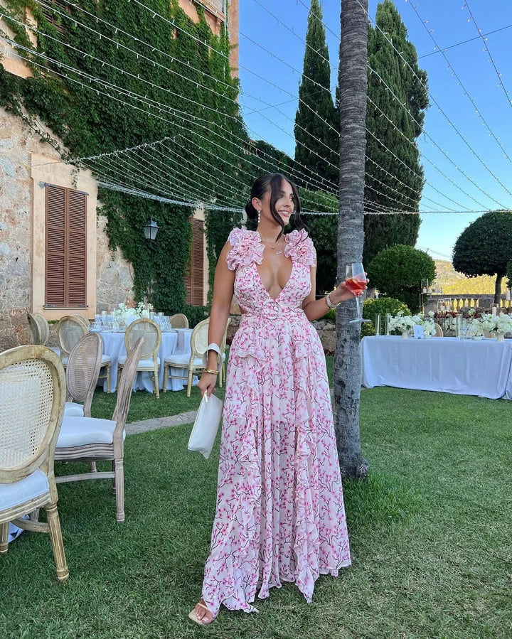 **Floral Maxi Dress for Women Fall Wedding Guest Dress with Cut-Out Detail**