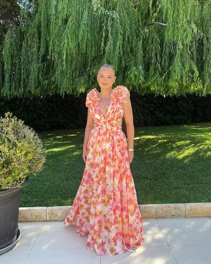 **Floral Maxi Dress for Women Fall Wedding Guest Dress with Cut-Out Detail**