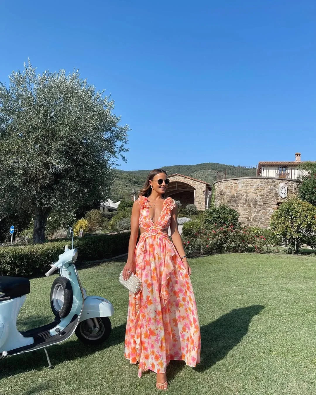 **Floral Maxi Dress for Women Fall Wedding Guest Dress with Cut-Out Detail**