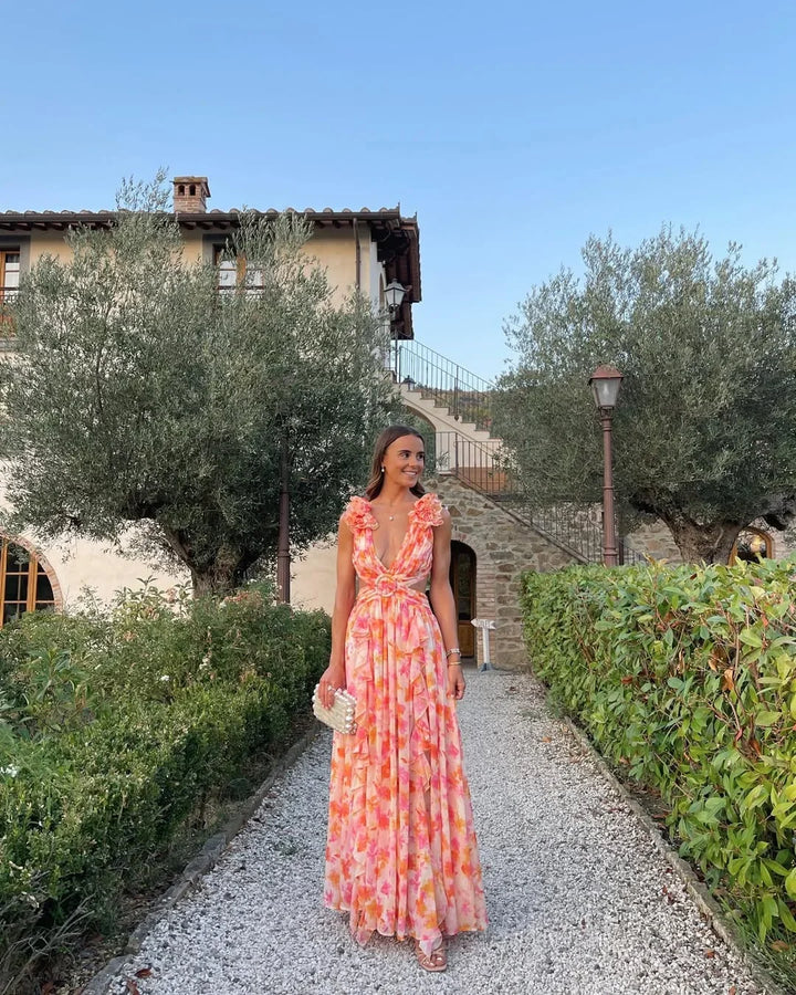 **Floral Maxi Dress for Women Fall Wedding Guest Dress with Cut-Out Detail**